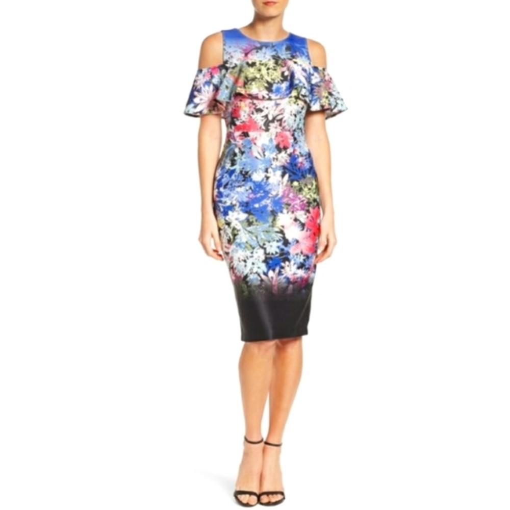 BEIGE BY ECI Cold Shoulder Flutter Sleeve Sheath Floral Midi Dress